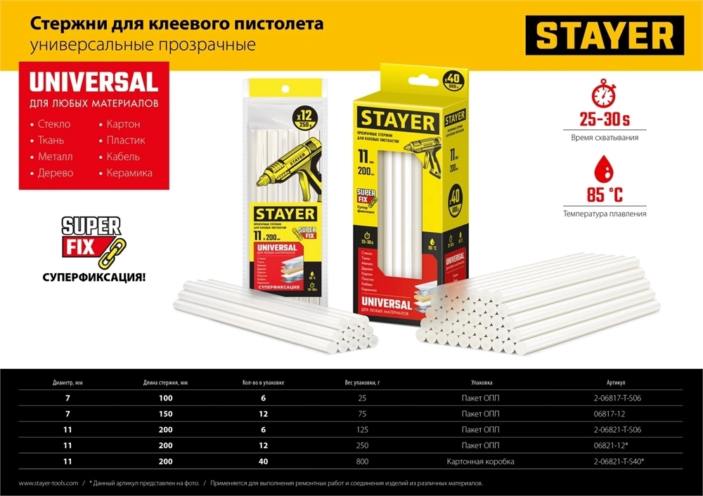 STAYER  Universal, 11 х 200 мм, 12 шт, прозрачные, универсальные клеевые стержни Professional (06821-12) 06821-12