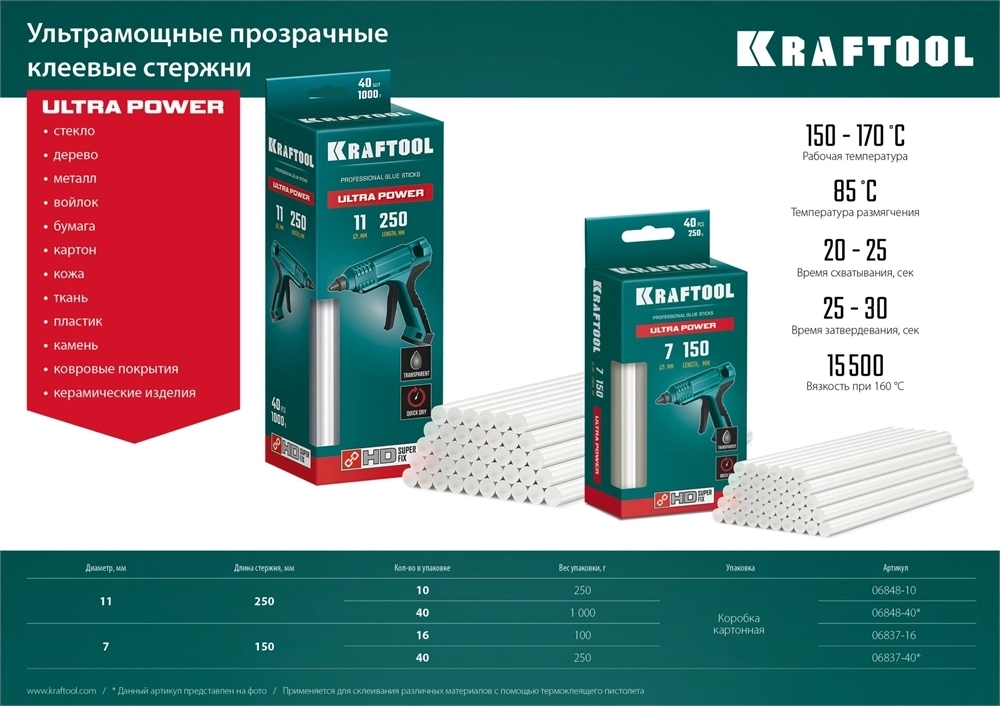 KRAFTOOL  Ultra Power, 7 х 150 мм, 16 шт, прозрачные, ультрамощные клеевые стержни (06837-16) 06837-16