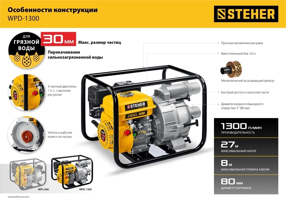 STEHER  1300 л/мин, мотопомпа бензиновая для грязной воды (WPD-1300) WPD-1300