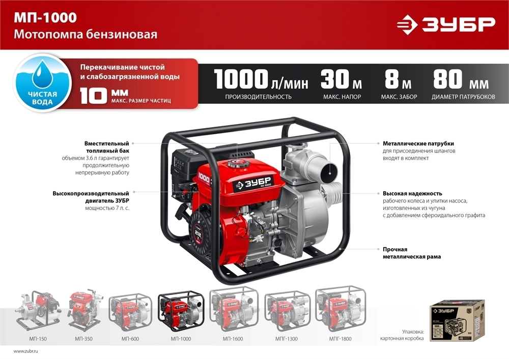 ЗУБР  1000 л/мин, мотопомпа бензиновая (МП-1000) МП-1000