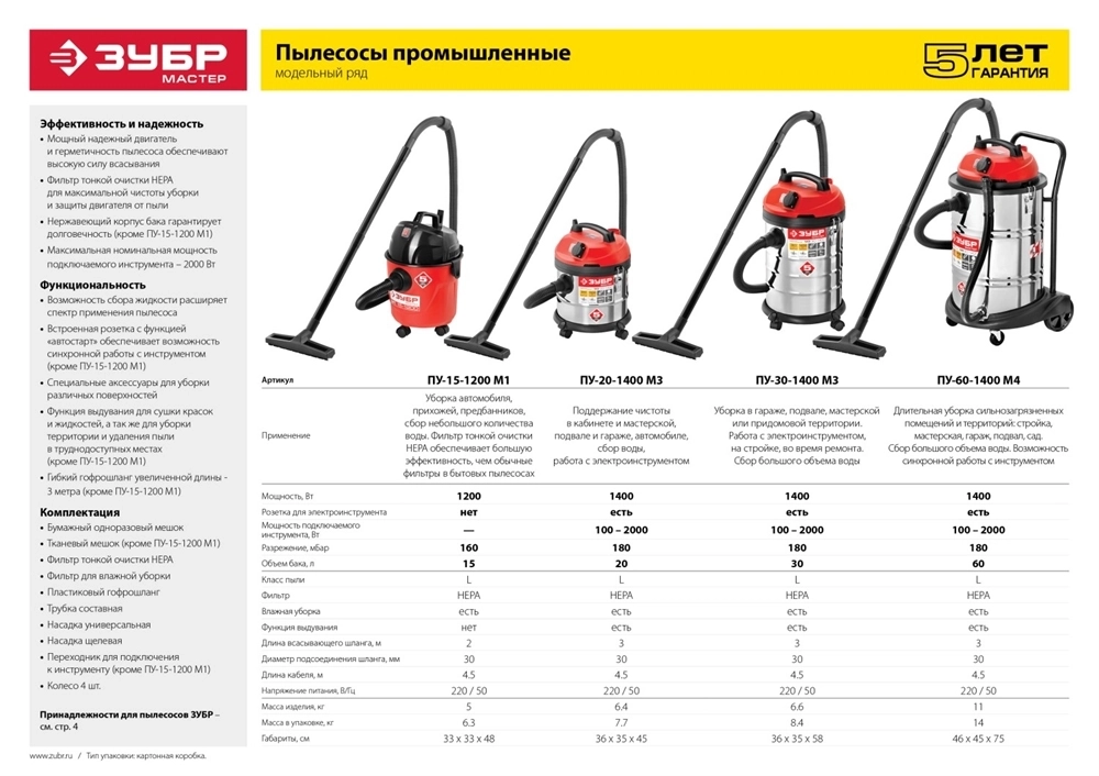 ЗУБР   М3, 20 л, 1400 Вт, строительный пылесос (ПУ-20-1400 М3) ПУ-20-1400 М3
