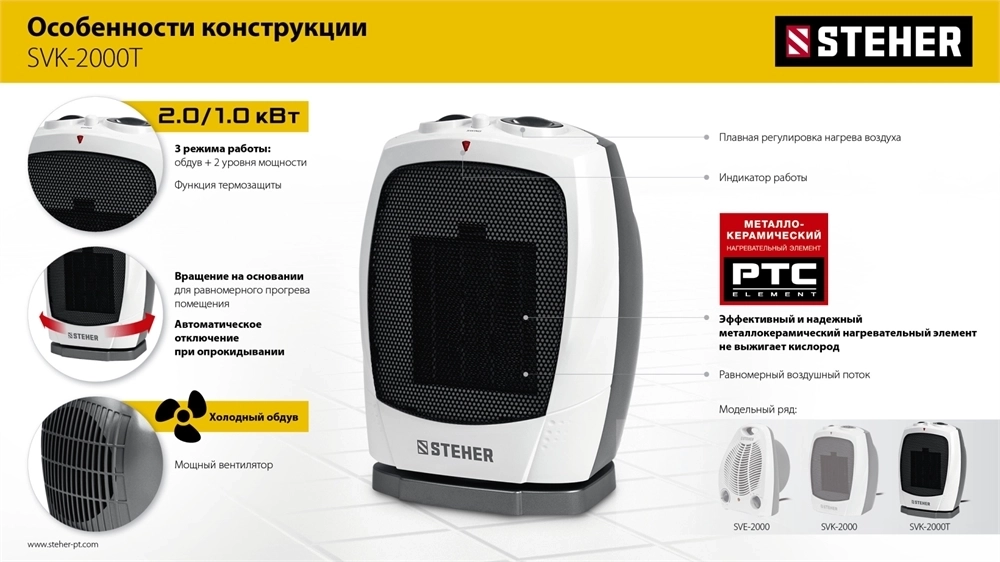 STEHER  2 кВт, тепловентилятор, металло-керамический нагревательный элемент, автоповорот (SVK-2000T) SVK-2000T