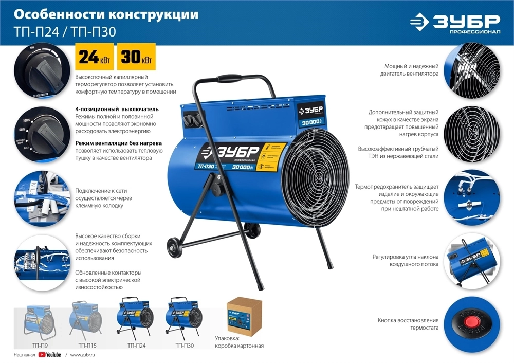 ЗУБР  9 кВт, электрическая тепловая пушка, Профессионал (ТП-П9) ТП-П9