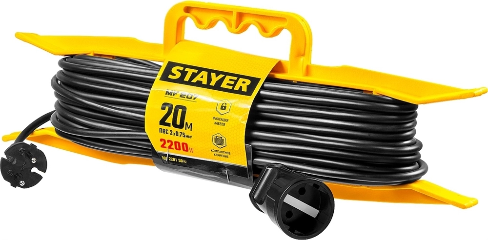 STAYER  MF-207, ПВС, 2 x 0.75 мм2, 20 м, 2200 Вт, силовой удлинитель-шнур на рамке (55018-20) 55018-20_z01