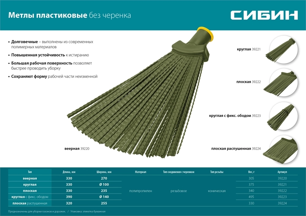 СИБИН  380 х 260 мм, полипропилен, коническое резьбовое соединение, плоская, гибкая, пластиковая метла (39222) 39222_z02