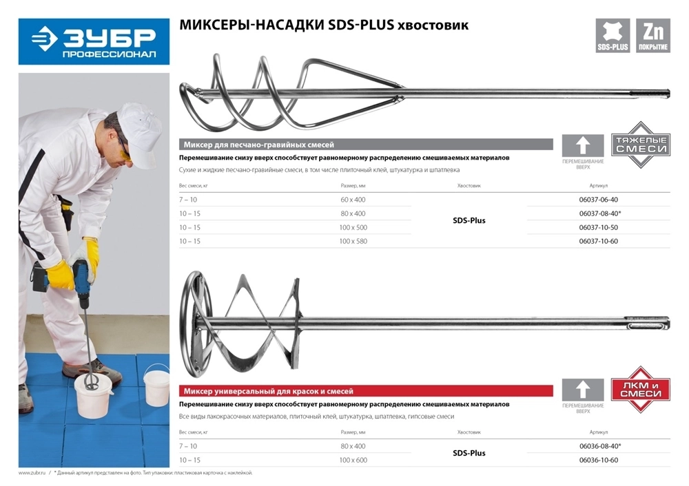 ЗУБР  80 x 400 мм, SDS+, миксер для песчано-гравийных смесей, Профессионал (06037-08-40) 06037-08-40