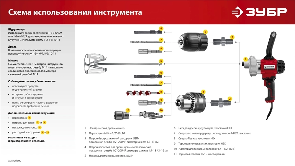 ЗУБР  1100 Вт, М14, дрель-миксер (МР-1100) МР-1100