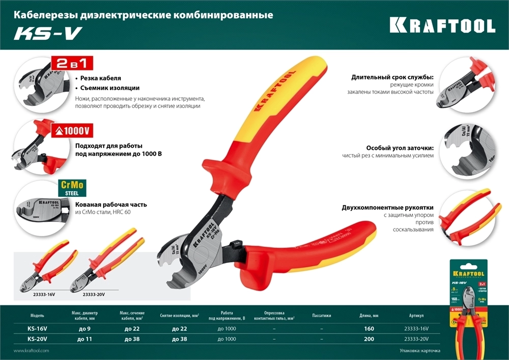 KRAFTOOL  KS-20V, d 11мм, 200мм, диэлектрический кабелерез (23333-20V) 23333-20V