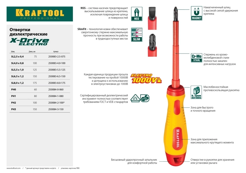 KRAFTOOL  SL4 х 100 мм, высоковольтная отвертка (250083-4.0-100) 250083-4.0-100