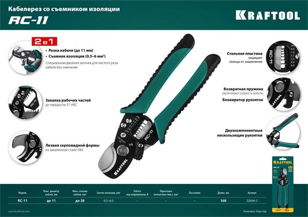 KRAFTOOL  RC-11, 2 в 1, кабельные ножницы (22696-2) 22696-2