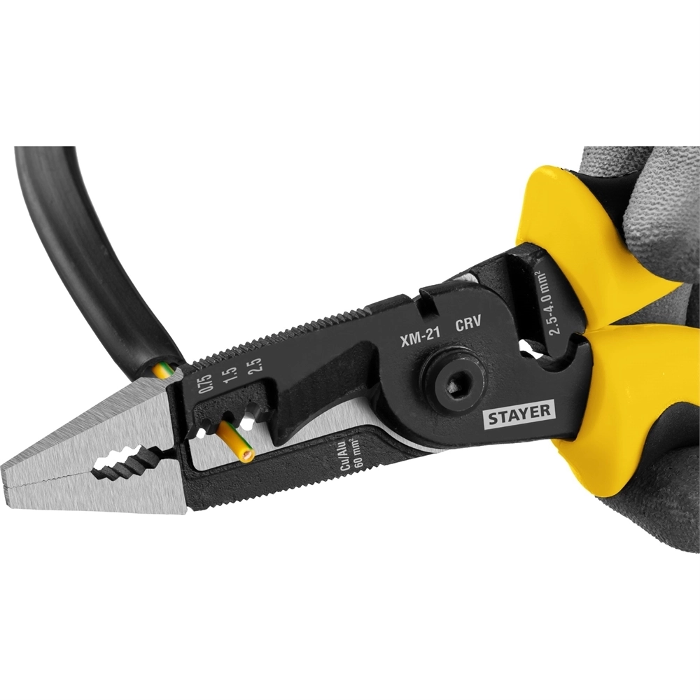 STAYER  XM-21, резка d 14мм, зачистка 0.75 – 25 мм2, кримпер 2.5 мм2, плоскогубцы 210 мм, многофункциональные клещи, Professional (23342-21) 23342-21