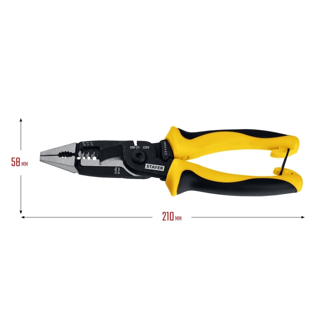 STAYER  XM-21, резка d 14мм, зачистка 0.75 – 25 мм2, кримпер 2.5 мм2, плоскогубцы 210 мм, многофункциональные клещи, Professional (23342-21) 23342-21