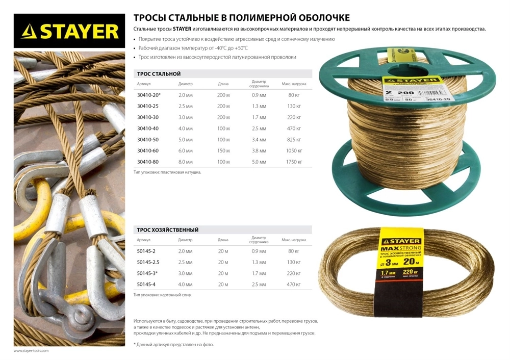 STAYER  2,5 мм, L 200 м, стальной трос в полимерной оболочке (30410-25) 30410-25