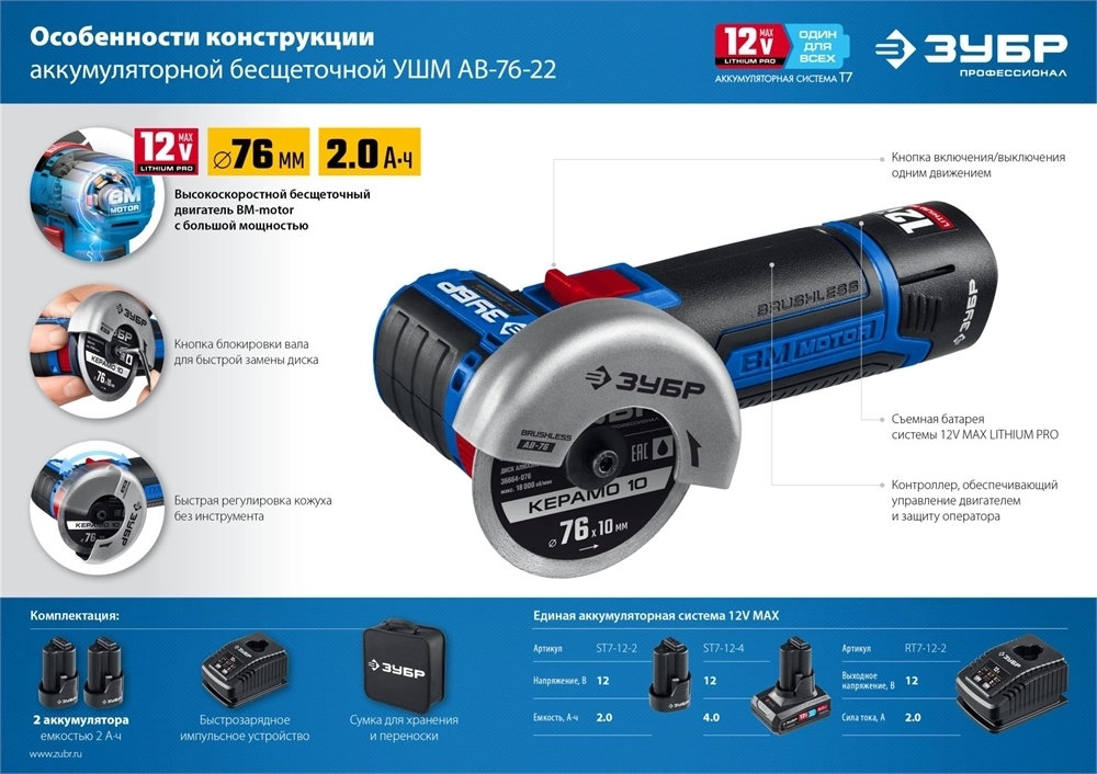 ЗУБР  Т7, 12 В, d76 мм, 2 АКБ (2 А·ч), бесщеточная УШМ, сумка, Профессионал (AB-76-22) AB-76-22