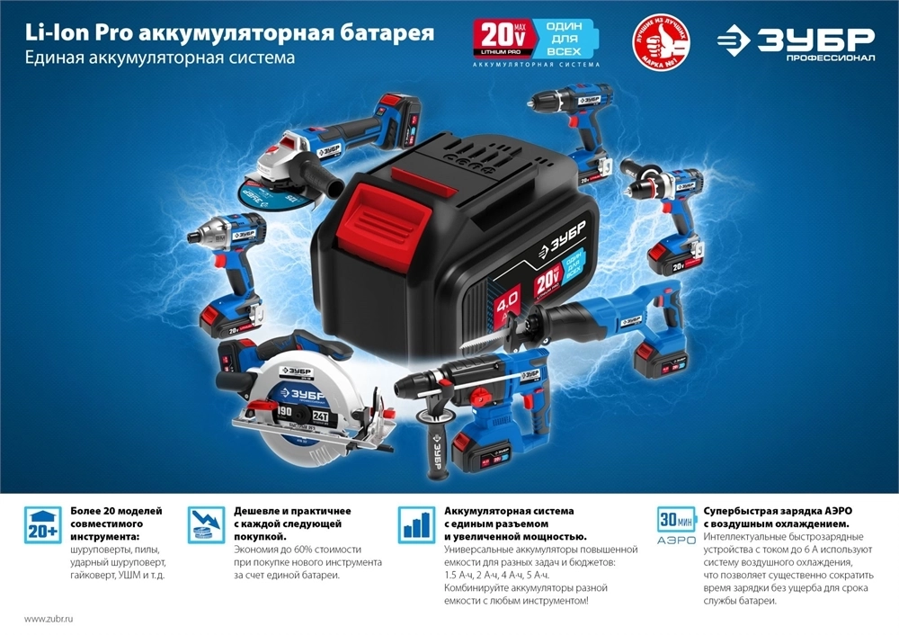 ЗУБР  Т7, 20 В, 125 мм, 1 АКБ (4 А·ч), бесщеточная УШМ, сумка, Профессионал (AB-125-41) AB-125-41