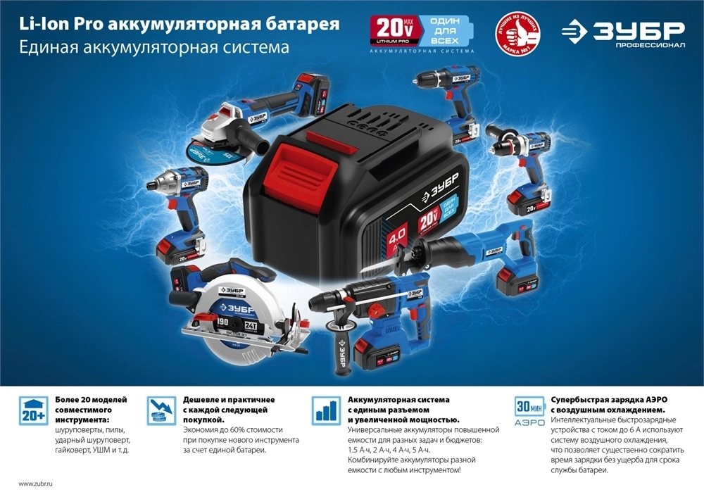 ЗУБР  Т7, 20 В, 280 Н·м, 2 АКБ (4 А·ч), бесщеточный гайковерт, кейс, Профессионал (GB-250-42) GB-250-42