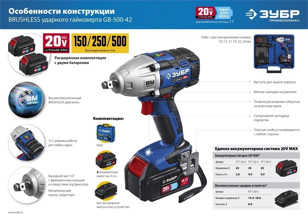 ЗУБР  Т7, 20 В, 500 Н·м, 2 АКБ (4 А·ч), бесщеточный гайковерт, кейс, Профессионал (GB-500-42) GB-500-42