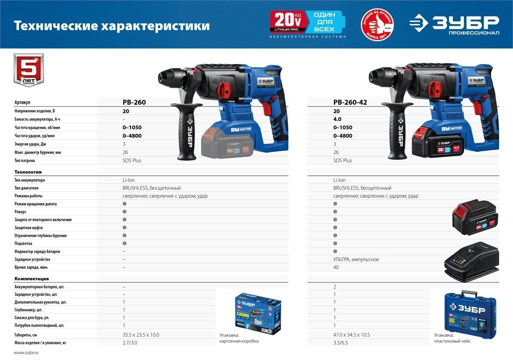 ЗУБР  Т7, 20 В, 26 мм, без АКБ, бесщеточный перфоратор, Профессионал (PB-260) PB-260