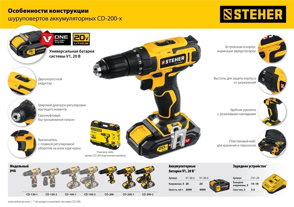 STEHER  V1, 20 В, 40 Н·м, без АКБ, дрель-шуруповерт (CD-200) CD-200