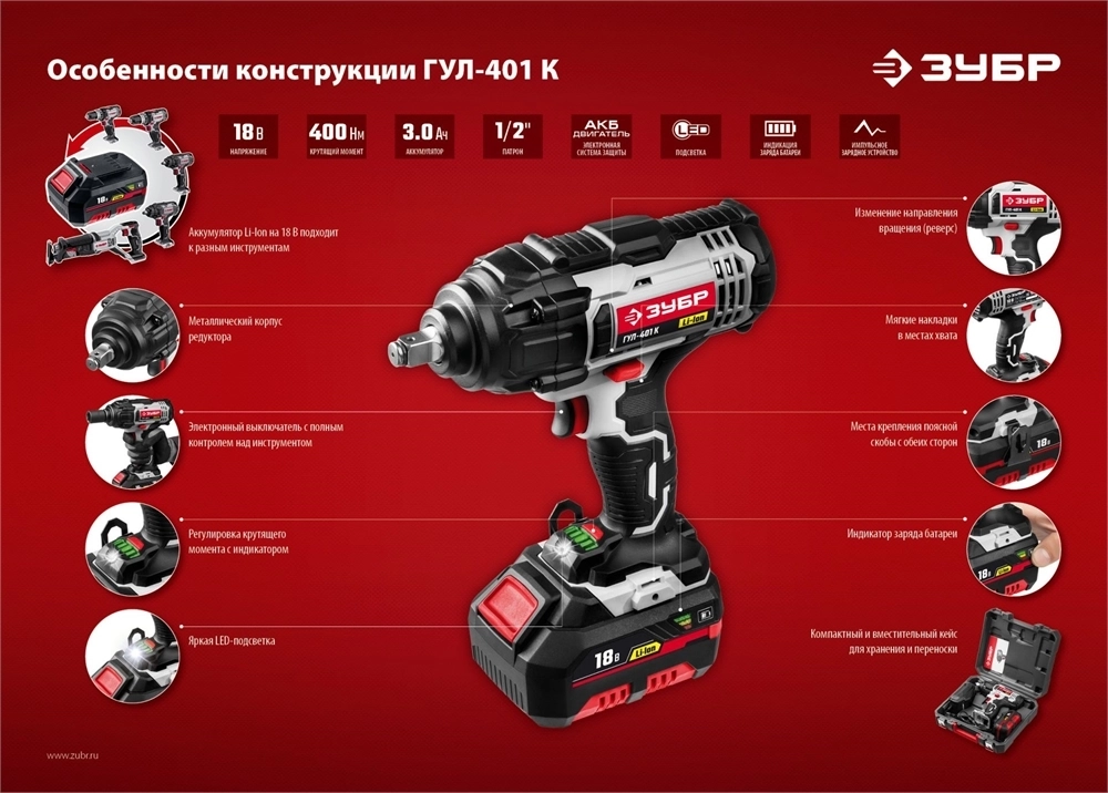Ударный гайковерт ЗУБР 400 Нм 18 В 1 АКБ 3 А/ч Li-Ion ГУЛ-401 К ГУЛ-401 К