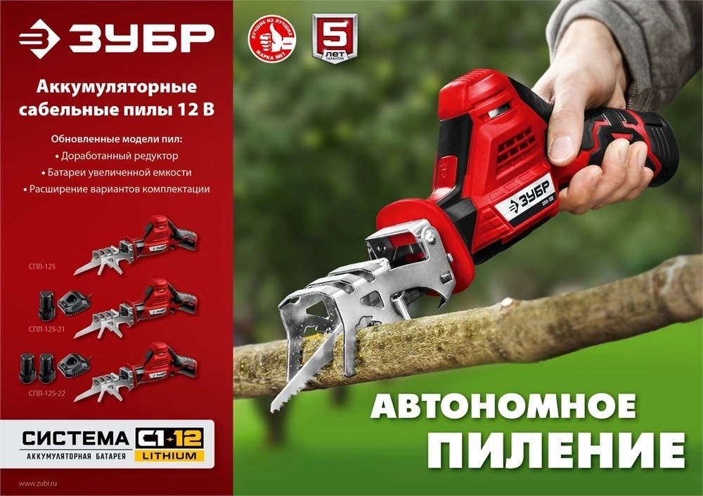 ЗУБР  С1-12, 12 В, 80 мм, 2 АКБ (2 А·ч), сабельная пила (СПЛ-125-22) СПЛ-125-22