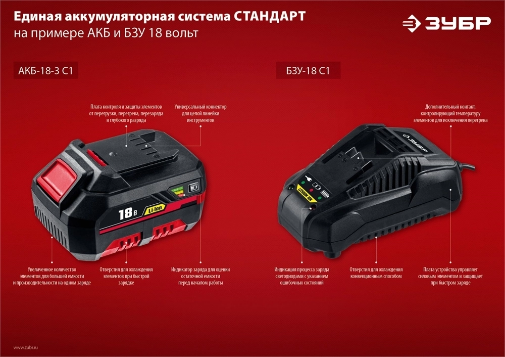 ЗУБР  С1-18, 18 В, 1.3 А·ч, аккумуляторная батарея (АКБ-18 С1) АКБ-18 С1