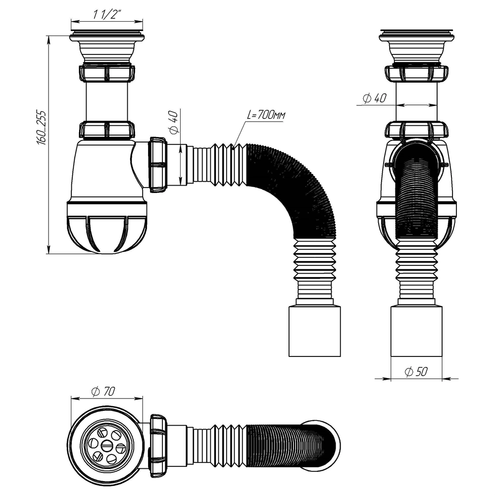 B0110 Сифон для кухни 1½"х40 с гофротрубой 40х50 т тт000015827