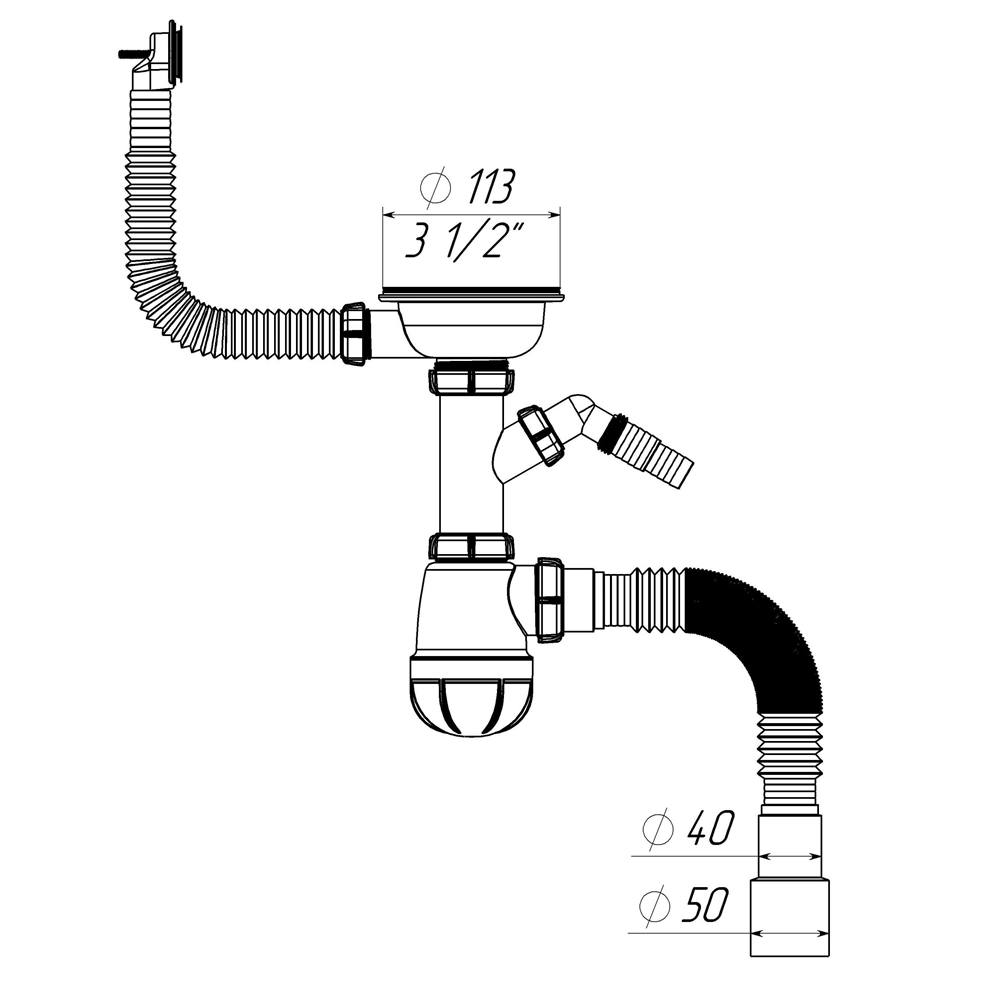 B0140 Сифон для мойки 3½"х40 с круглым переливом, отводом для стир. маш. и гофротрубой 40х40-50 т тт000017775