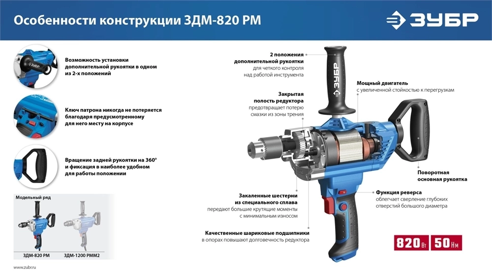 ЗУБР  820 Вт, 13 мм, дрель-миксер, Профессионал (ЗДМ-820 РМ) ЗДМ-820 РМ