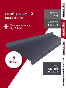 Комплект отливов простых 150 Grand Line 0,45 ПЭ с пленкой RAL 7024 мокрый асфальт 2м (5шт) GL 791872