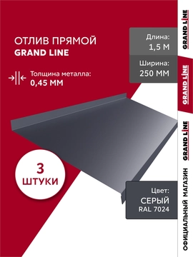 Комплект отливов простых 250 Grand Line 0,45 ПЭ с пленкой RAL 7024 мокрый асфальт 1,5м (3шт) GL 792026