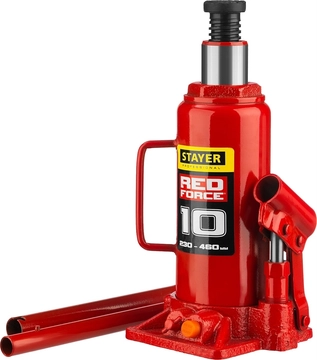 STAYER  RED FORCE, 10 т, 230 - 460 мм, бутылочный гидравлический домкрат, Professional (43160-10) 43160-10_z01