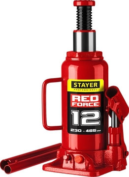 STAYER  RED FORCE, 12 т, 230 - 465 мм, бутылочный гидравлический домкрат, Professional (43160-12) 43160-12_z01