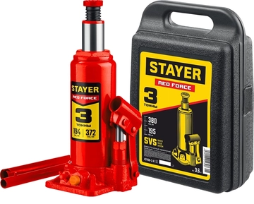 STAYER  RED FORCE, в кейсе, 3 т, 194 - 375 мм, бутылочный гидравлический домкрат, Professional (43160-3-K) 43160-3-K_z01