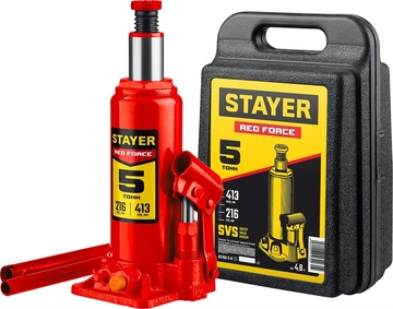 STAYER  RED FORCE, в кейсе, 5 т, 216 - 413 мм, бутылочный гидравлический домкрат, Professional (43160-5-K) 43160-5-K_z01