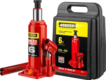 STAYER  RED FORCE, в кейсе, 6 т, 216 - 413 мм, бутылочный гидравлический домкрат, Professional (43160-6-K) 43160-6-K_z01