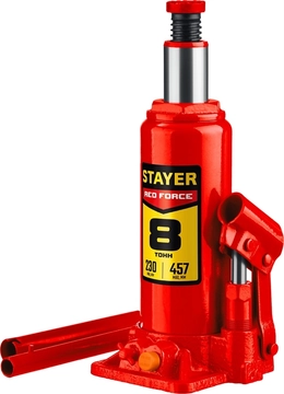 STAYER  RED FORCE, 8 т, 200 - 385 мм, бутылочный гидравлический домкрат, Professional (43160-8) 43160-8_z01