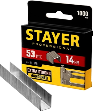 STAYER  тип 53 (A/10/JT21), 14 мм, 1000 шт, калибр 23GA, скобы для степлера, Professional (3159-14) 3159-14_z02