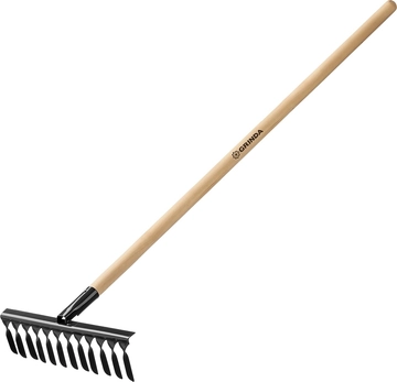 GRINDA  GS-12 WOOD, 385 х 95 х 1300 мм, 12 витых зубцов, углеродистая сталь, антикор. покрытие, черенок дерев. высш. сорт, садовые грабли(39581-12) 39581-12