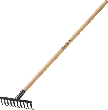 GRINDA  GT-10 WOOD, 260 х 80 х 1300 мм, 10 прямых зубцов, углерод. сталь, антикор. покрытие, черенок дерев. высш. сорт, садовые грабли (39583-10) 39583-10