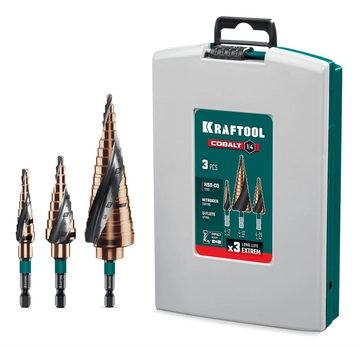 KRAFTOOL COBALT 3 шт., 4-32мм, азотирование, винтовая спираль, набор сверл ступенчатых(29691-4-32-H3) zb  29691-4-32-h3