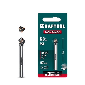 KRAFTOOL EXTREME Со5-А, d 6.3x5х45 мм, Z3, 90°, сталь M35, U-образная спираль, зенковка (29734-3) zb  29734-3