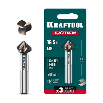 KRAFTOOL EXTREME Со5-А, d 16.5х10х60 мм, Z3, 90°, сталь M35, U-образная спираль, зенковка (29734-8) zb  29734-8