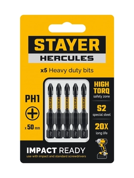 STAYER HERCULES, PH1, 50 мм, 5 шт, торсионные биты (26231-1-50-5) zb  26231-1-50-5