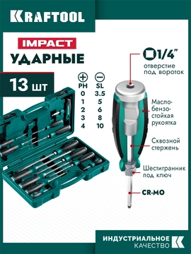 KRAFTOOL IMPACT 13 шт, сквозной стержень Cr-Mo, набор ударных отверток (25035) zb  25035