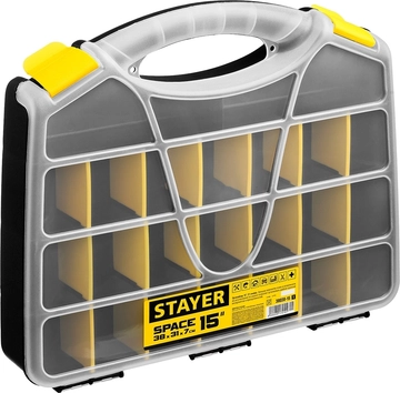 STAYER  SPACE-15, 380 х 310 х 70 мм, (15″), пластиковый органайзер с 21 ячейкой (38038-15) 38038-15_z01