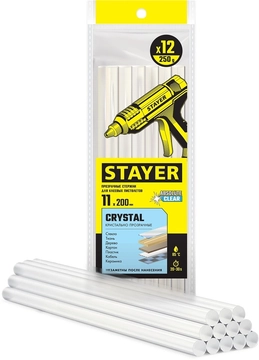 STAYER  Cristal, 11 х 200 мм, 12 шт, прозрачные, универсальные клеевые стержни Professional (0682-12) 0682-12