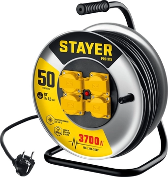 STAYER  PRO-315, КГ, 3 x 1.5 мм2, 50 м, 3700 Вт, IP44, силовой удлинитель на стальной катушке (55077-50) 55077-50_z01