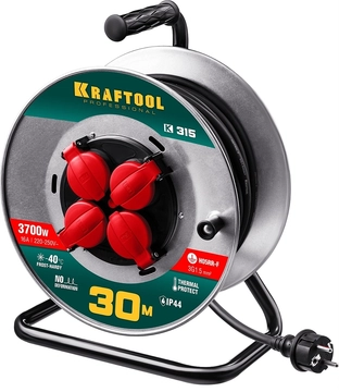 KRAFTOOL  K-315, КГ, 3 x 1.5 мм2, 30 м, 3700 Вт, IP44, силовой удлинитель на стальной катушке (55085-30) 55085-30_z01