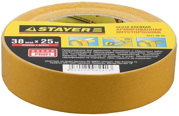 STAYER  38 мм, 25 м, на тканевой основе, двухсторонняя клейкая лента, Professional (1217-38-25) 1217-38-25
